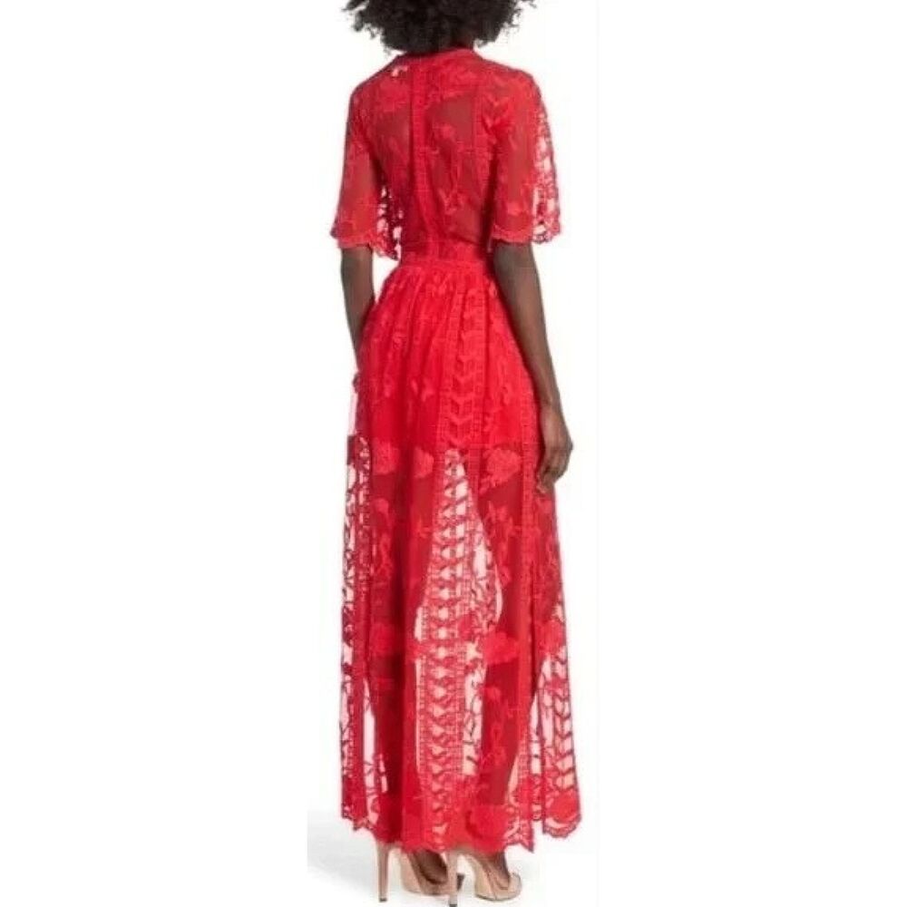 Socialite Red Sheer Lace Maxi Dress Romper Shorts (XL) Garden Wedding Party - Picture 14 of 15